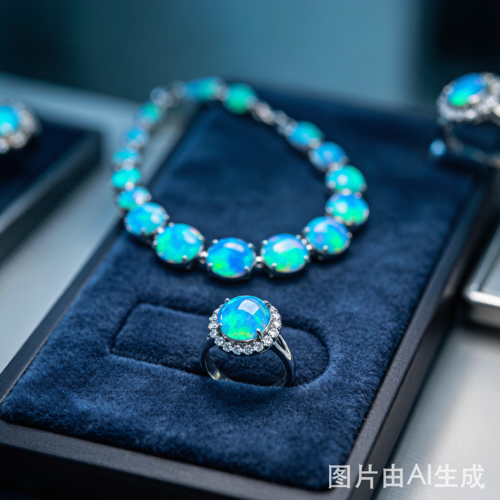 澳洲天然欧泊宝石项链和耳坠在海关检查丝绒托盘上