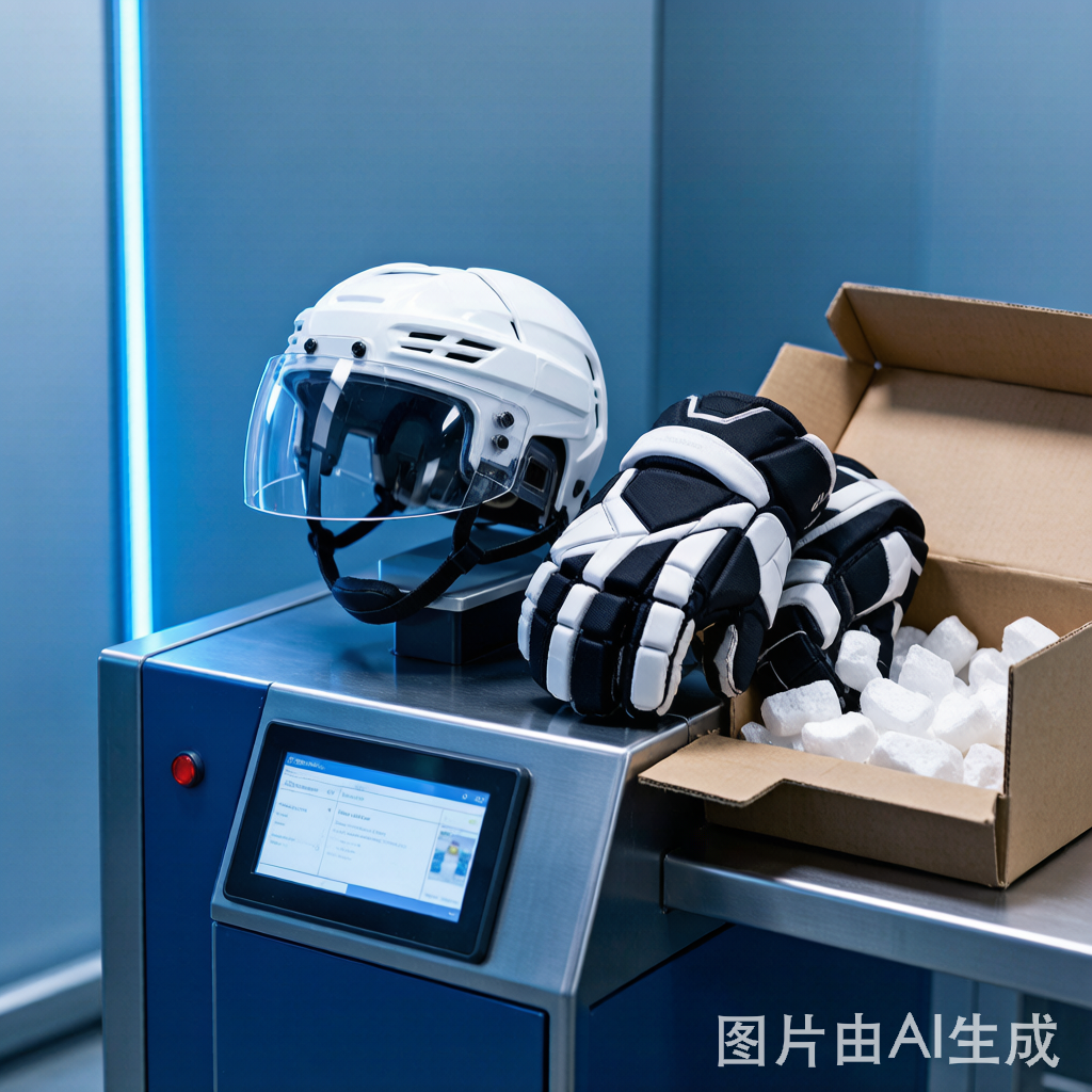加拿大冰球装备在海关检查区，头盔手套护具放在报关台上