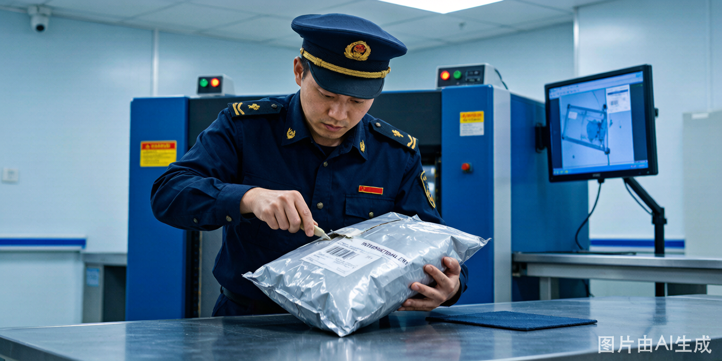 海关关员在查验台上开箱检查国际EMS包裹