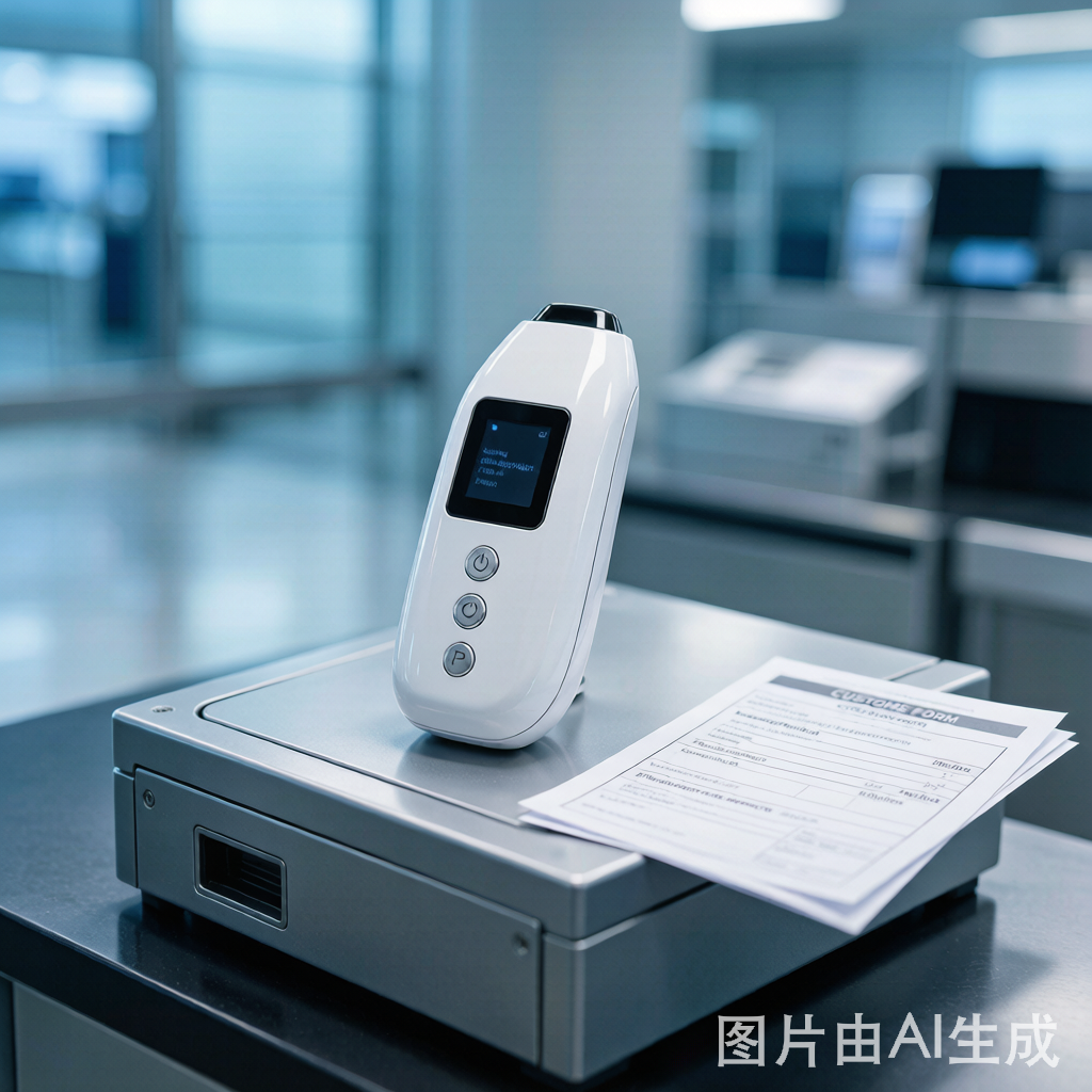 韩国美容仪在海关检查台上，报关员正在审核设备说明书和清关材料