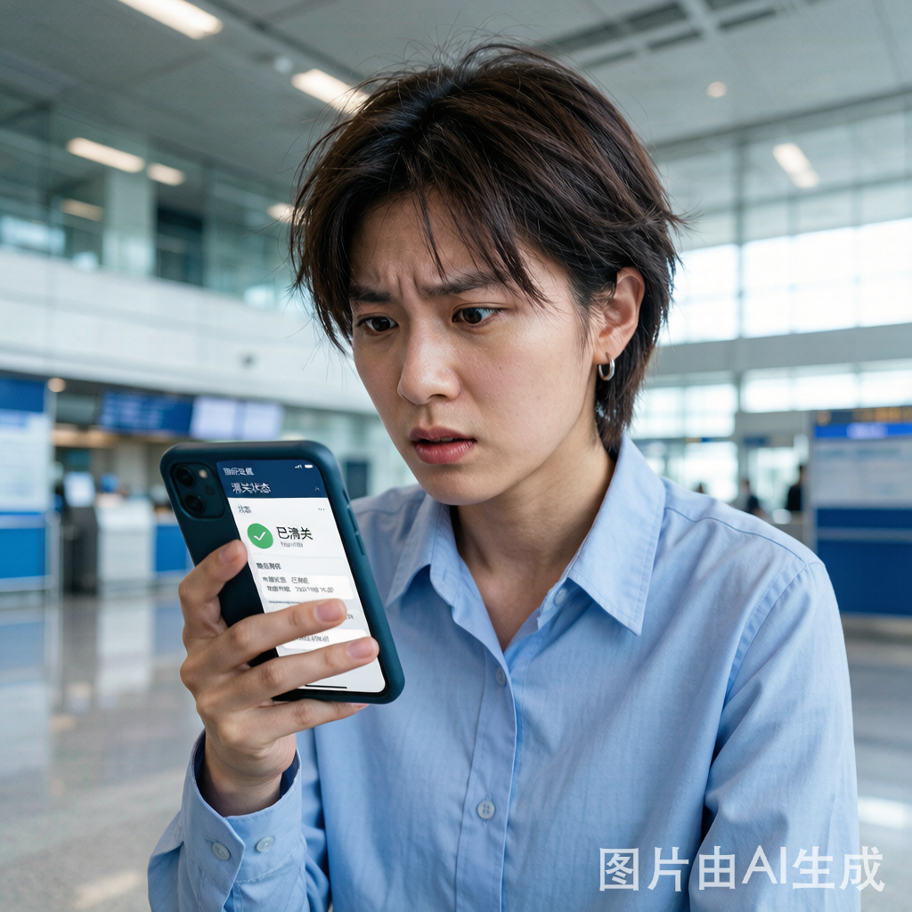 海淘用户焦急查看手机上的国际包裹物流状态，包裹显示海关留存待验