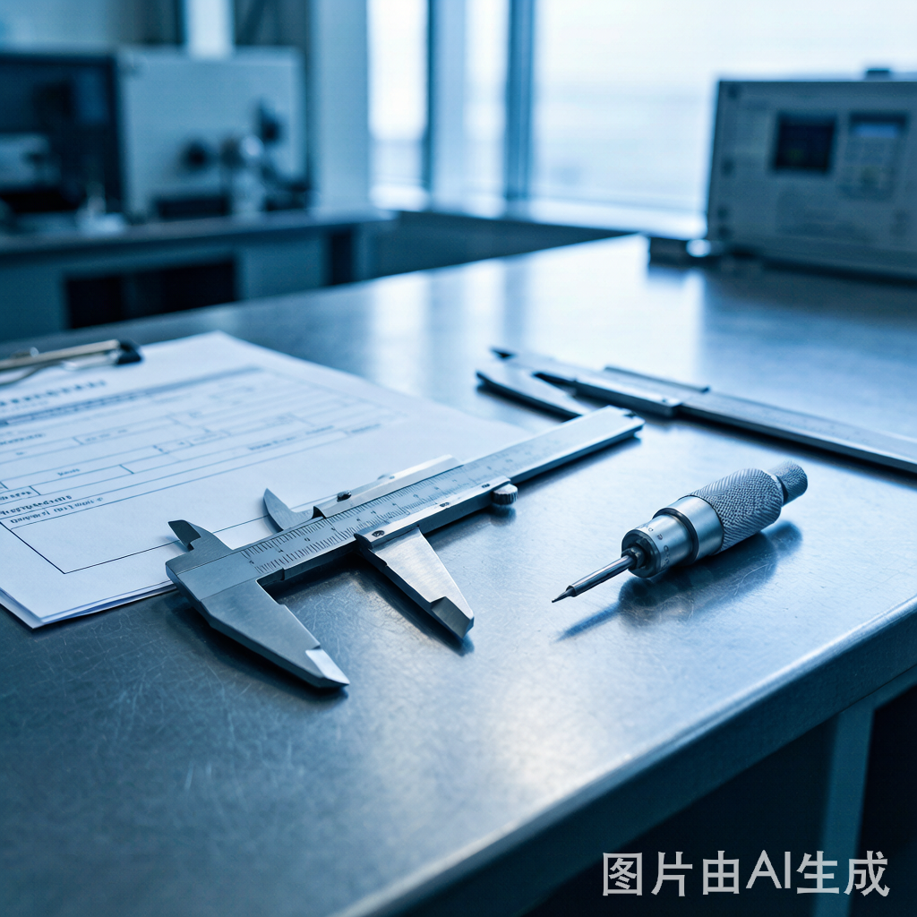 瑞士精密测量仪器在海关检查台上，技术说明书和报关文件在旁边